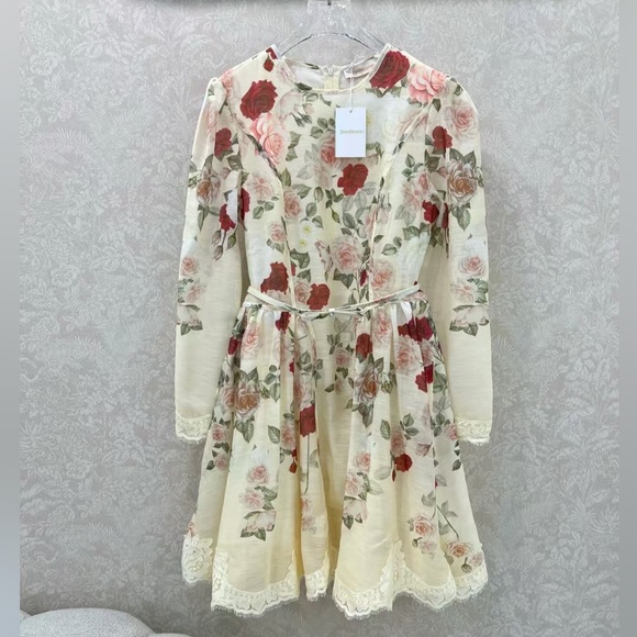 Zimmermann Cream Floral Midi Dress with Red & Pink Roses